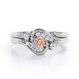 6 Prong Tension Design - 0.55 TCW Round Shaped Morganite and Moissanite - Flush Chanel Wedding Ring Set -  White Gold