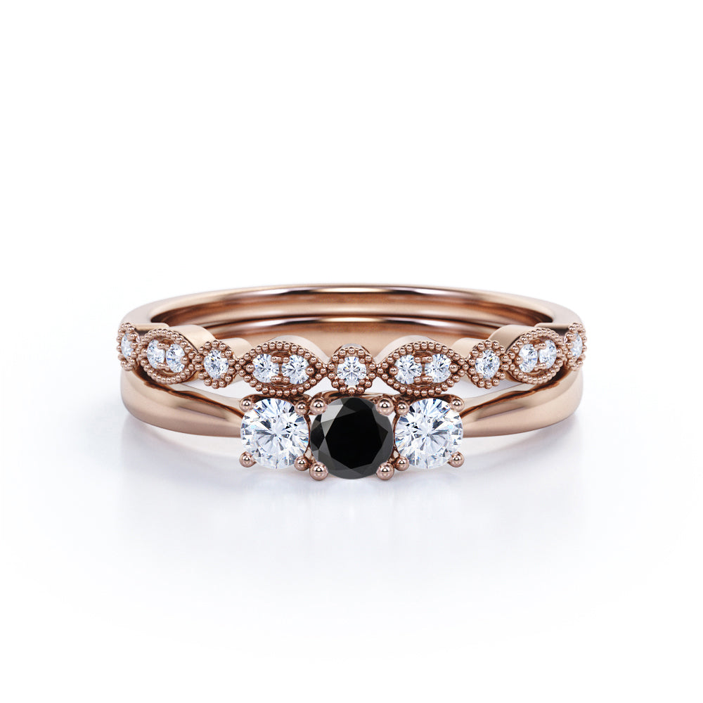 1.30 Carat Round Cut Lab Grown Black Diamond Trilogy Wedding Ring Set In White Gold