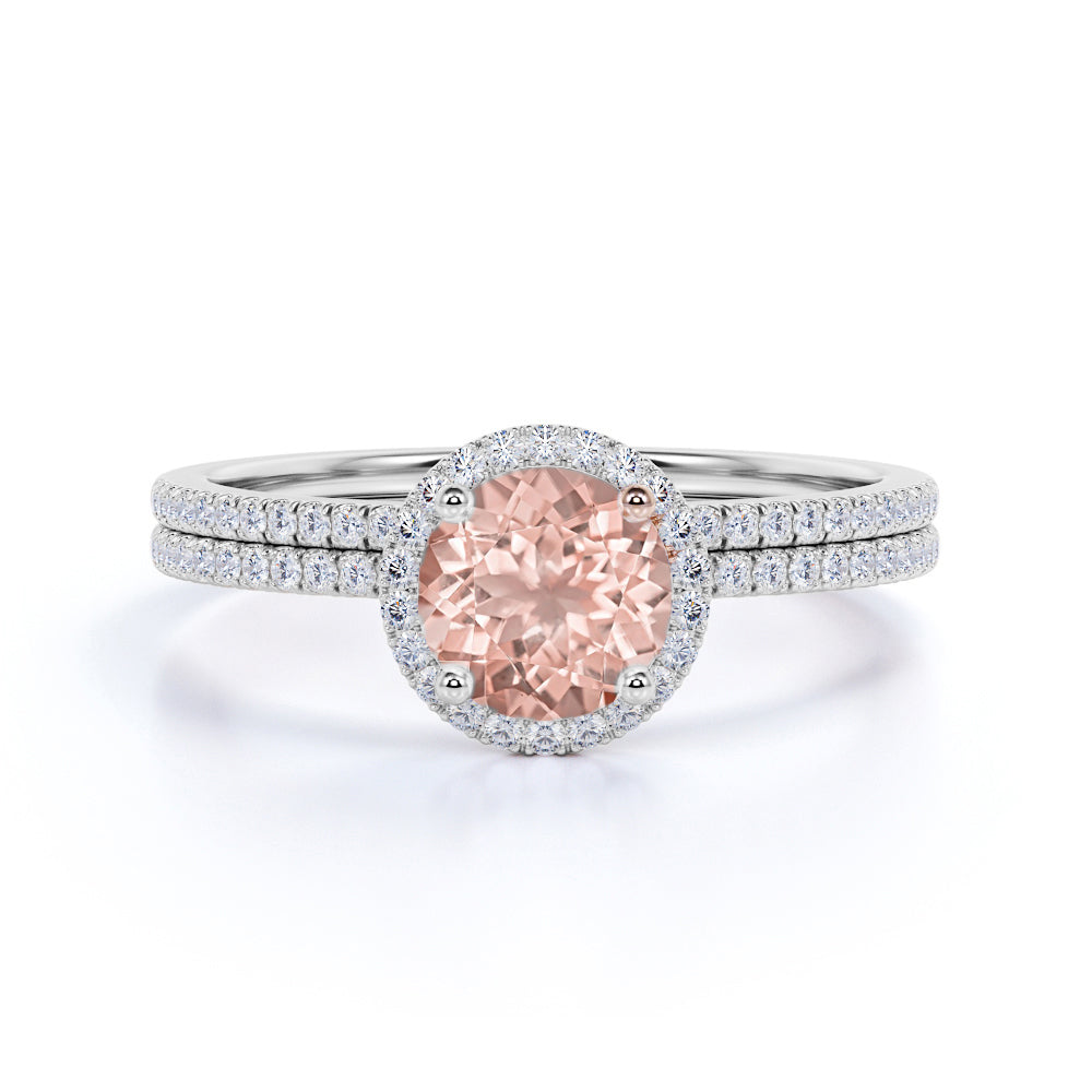 1.75 Carat Round cut Morganite and Diamond Halo Wedding Ring Set in Rose Gold