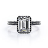 Pave Style - 1.75 TCW Emerald Cut Moissanite with Lab Created Black Diamond - Halo Setting Wedding Ring Set in Black Gold