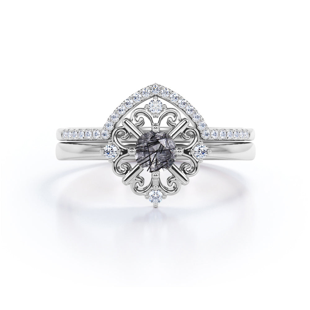 Leaf Filigree 0.85 Carat Round Cut Druzy Black Rutilated Quartz and Contour Diamond Pave Bridal Set Rings