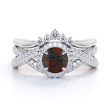 Chevron 1.60 Carat Round Cut Black Fire Opal And Diamond Infinity Halo Wedding Ring Set In White Gold
