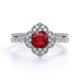 Floral Cluster 2 Carat Cushion Cut Lab Ruby and Diamond Halo Wedding Ring Set in White Gold