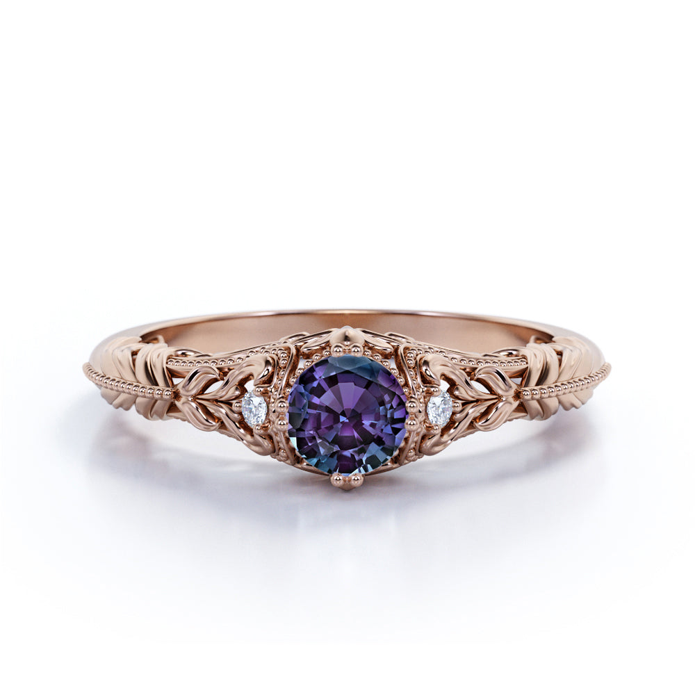 Non Traditional Three Stone 1 Carat Round Cut Lab Created Alexandrite and Diamond Art Deco Filigree Engagement Ring in White Gold for Women