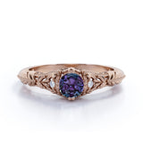 Non Traditional Three Stone 1 Carat Round Cut Lab Created Alexandrite and Diamond Art Deco Filigree Engagement Ring in White Gold for Women