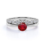 1.25 Carat Round cut Lab Ruby and Diamond Wedding Ring Set in White Gold