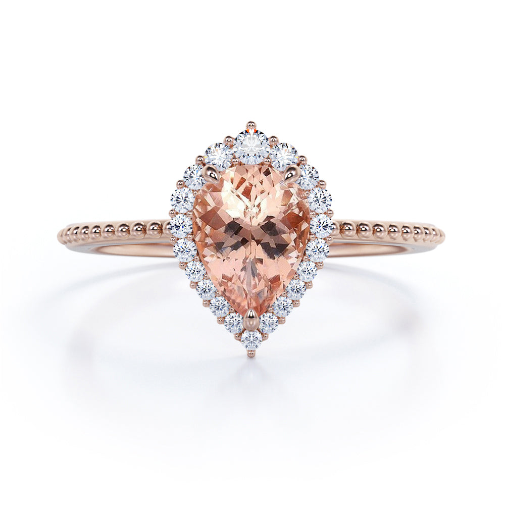 Antique Girlish Style 0.7 carat Pear Morganite and Moissanite Halo Anniversary Ring in White Gold