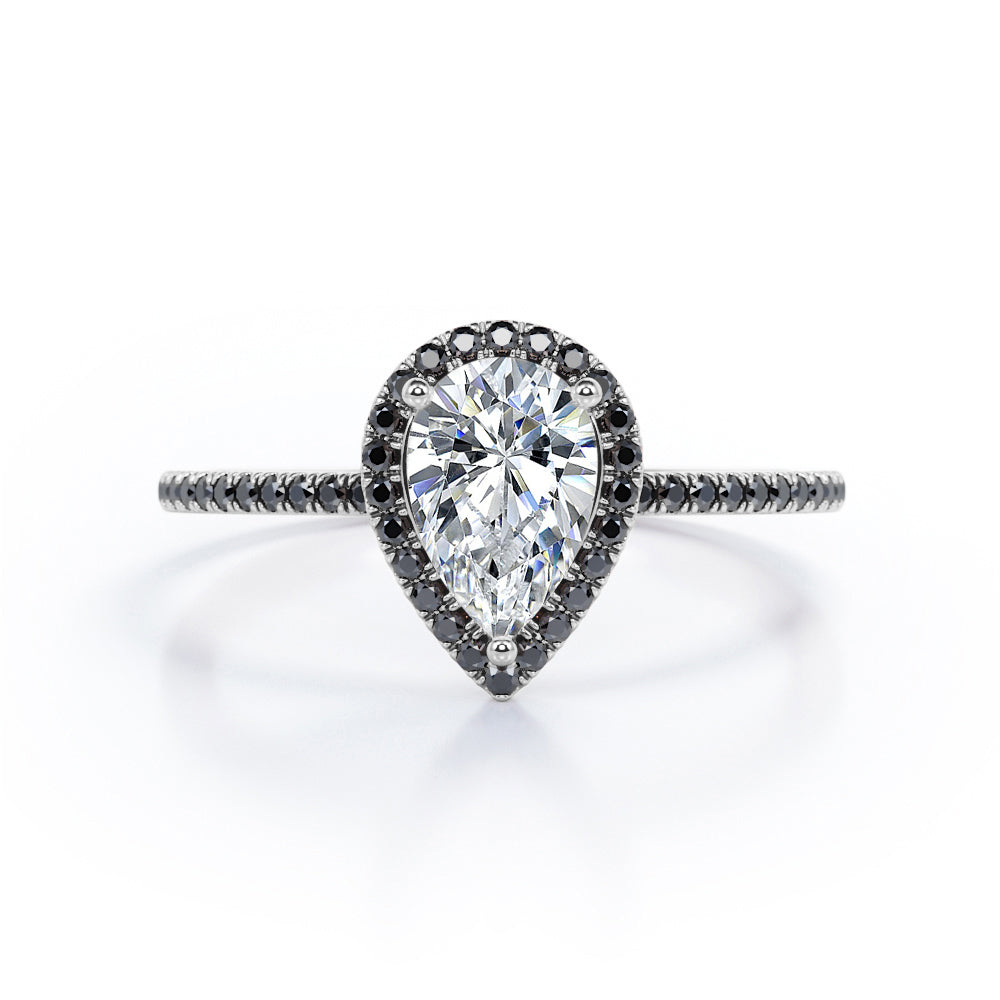 Halo Design 1.45 TCW Pear Cut Moissanite with Lab Created Black Diamond Scalloped Pave Engagement Ring in Rose Gold