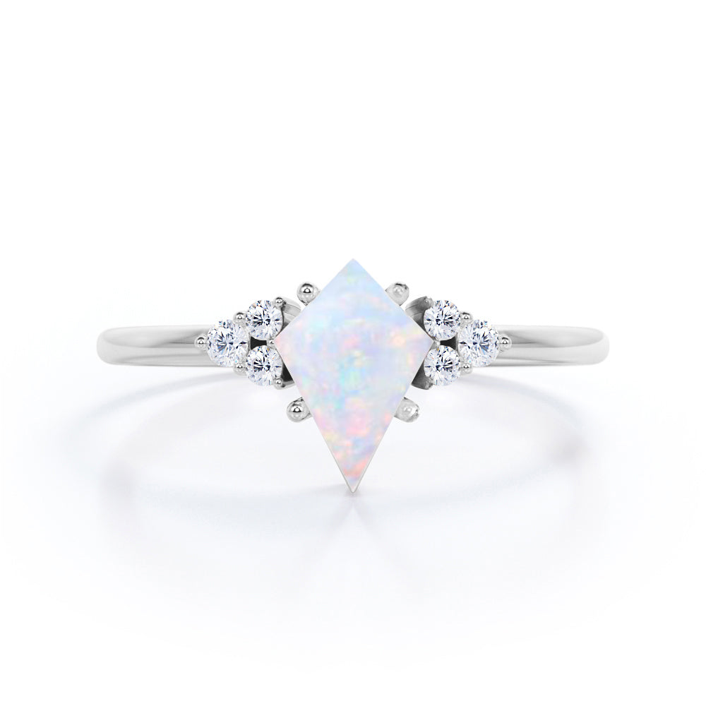 Unique Four Prong 1.30 Carat Kite Shaped Precious Fire Opal And Diamond Seven Stone Engagement Ring In Black Gold