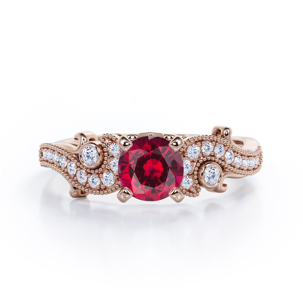 Four Prong 1.35 Carat Round Cut Lab Ruby and Diamond Vintage Milgrain Engagement Ring In White Gold