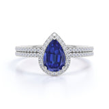 1.5 Carat Pear Cut Sapphire and Diamond Wedding Ring Set in 10k White Gold for Modern Brides