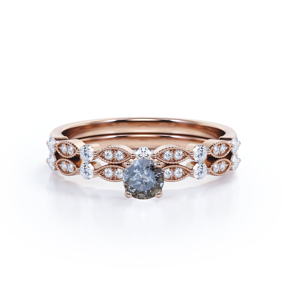 Classic 0.60 Carat Round Cut Natural Salt And Pepper Diamond Art Deco Wedding Ring Set In White Gold.