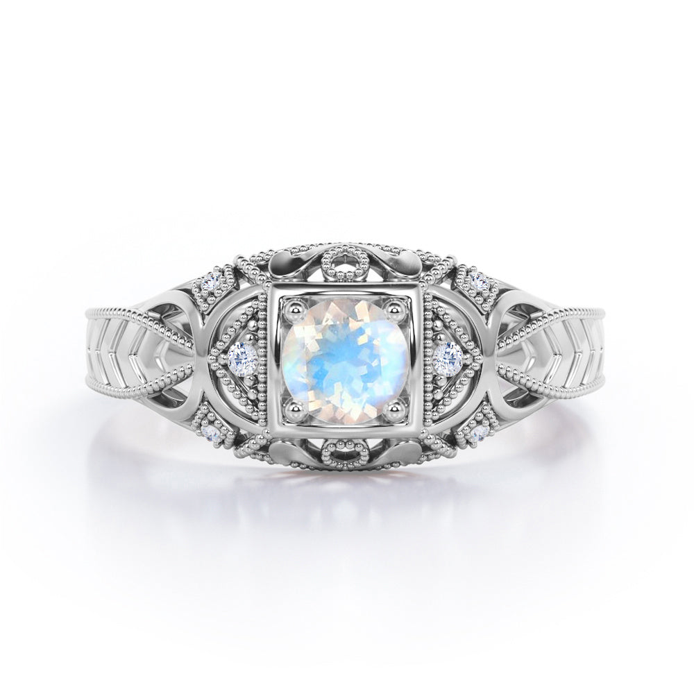 Art Deco Style 1.05 Carat Round Cut Aquamarine And Diamond Square Framed Vintage Filigree Engagement Ring In Rose Gold