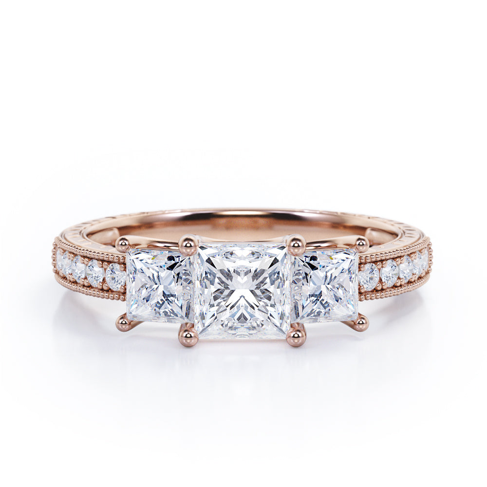 Past, Present and Future 0.50 Carat Princess Cut Diamond Vintage Milgrain Engagement Ring In Black Gold