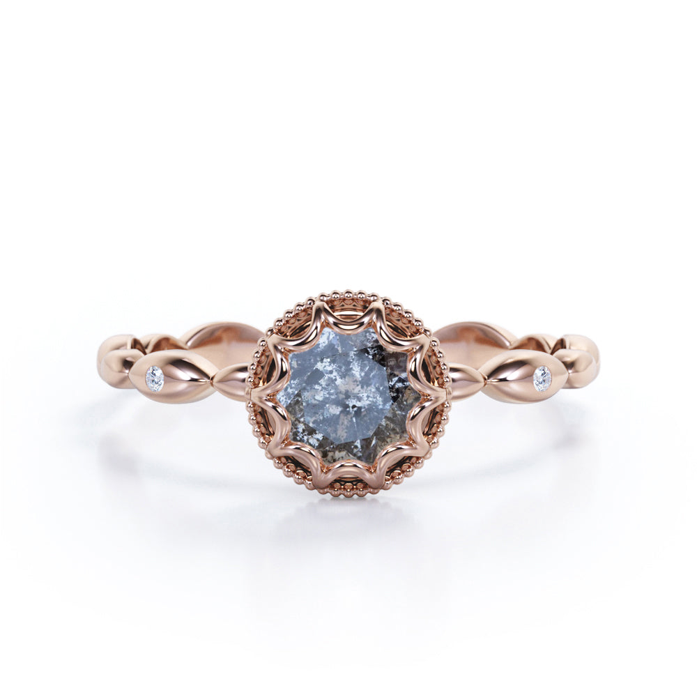 Beaded Halo 0.35 Carat Round Cut Icy Grey Salt and Pepper Diamond Three Stone Engagement Ring In White Gold