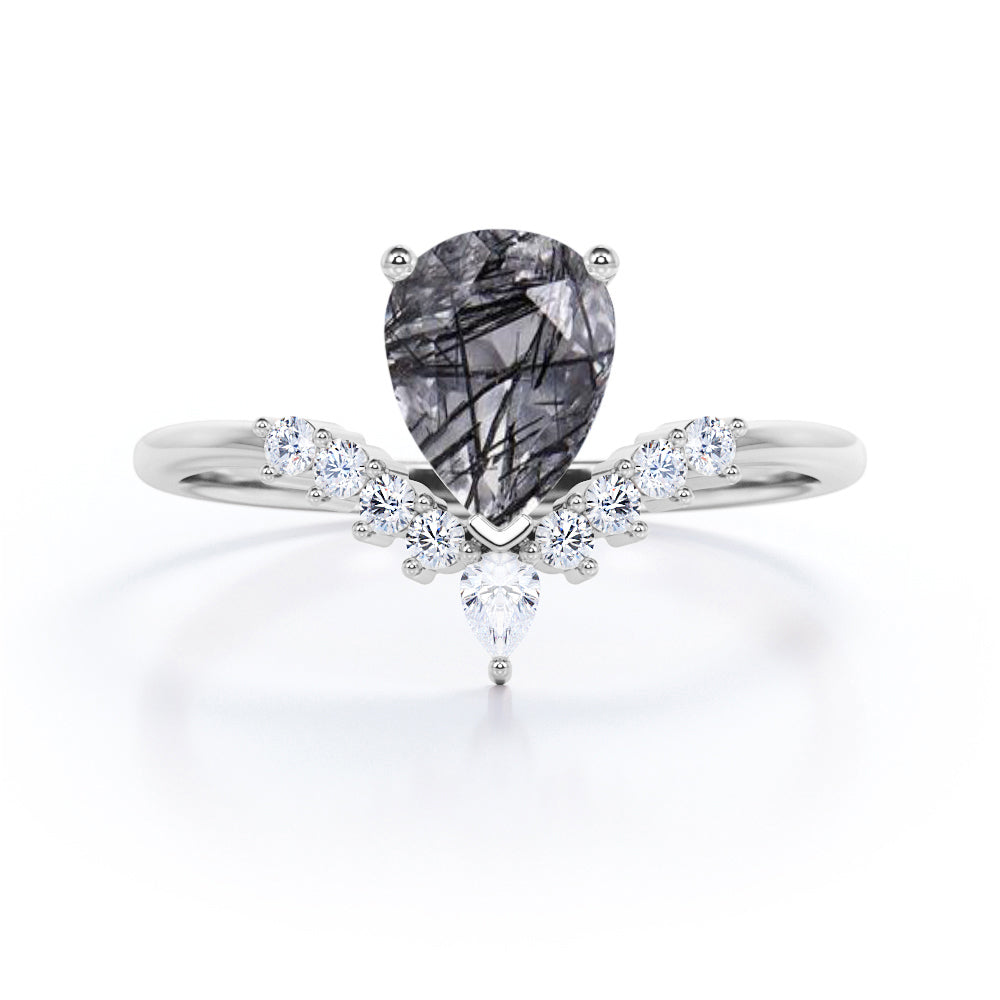 1.25 ct Pear Cut Black Rutilated Quartz V Shaped Engagement Ring
