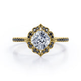 Vintage Filigree Cluster 1.5 TCW Cushion Cut Moissanite with Lab Created Black Diamond Engagement Ring with Pave Accents in Yellow Gold