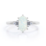 Unique Six Prong Basket Set 1.15 Carat Hexagon Shaped White Fire Opal And Diamond Five Stone Engagement Ring In White Gold.