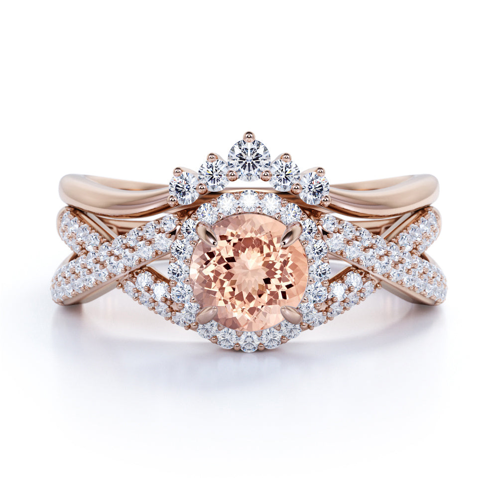 1.75 ct Round Morganite Crown Halo Wedding Set