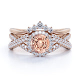 1.75 ct Round Morganite Crown Halo Wedding Set