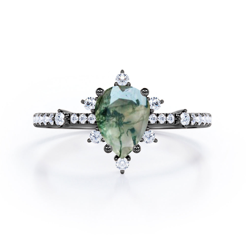 Pave 0.7 Carat Pear Moss Agate Engagement Ring