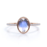 Simple Art Deco 1.25 Carat Oval Cut Rainbow Moonstone Ring with Authentic Diamond in Rose Gold