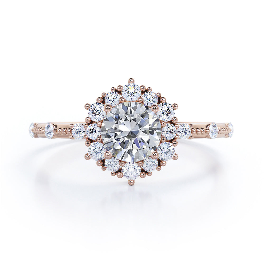 Splendid Snowflake 0.6 carat Round Moissanite and Diamond Halo Engagement Ring in White Gold