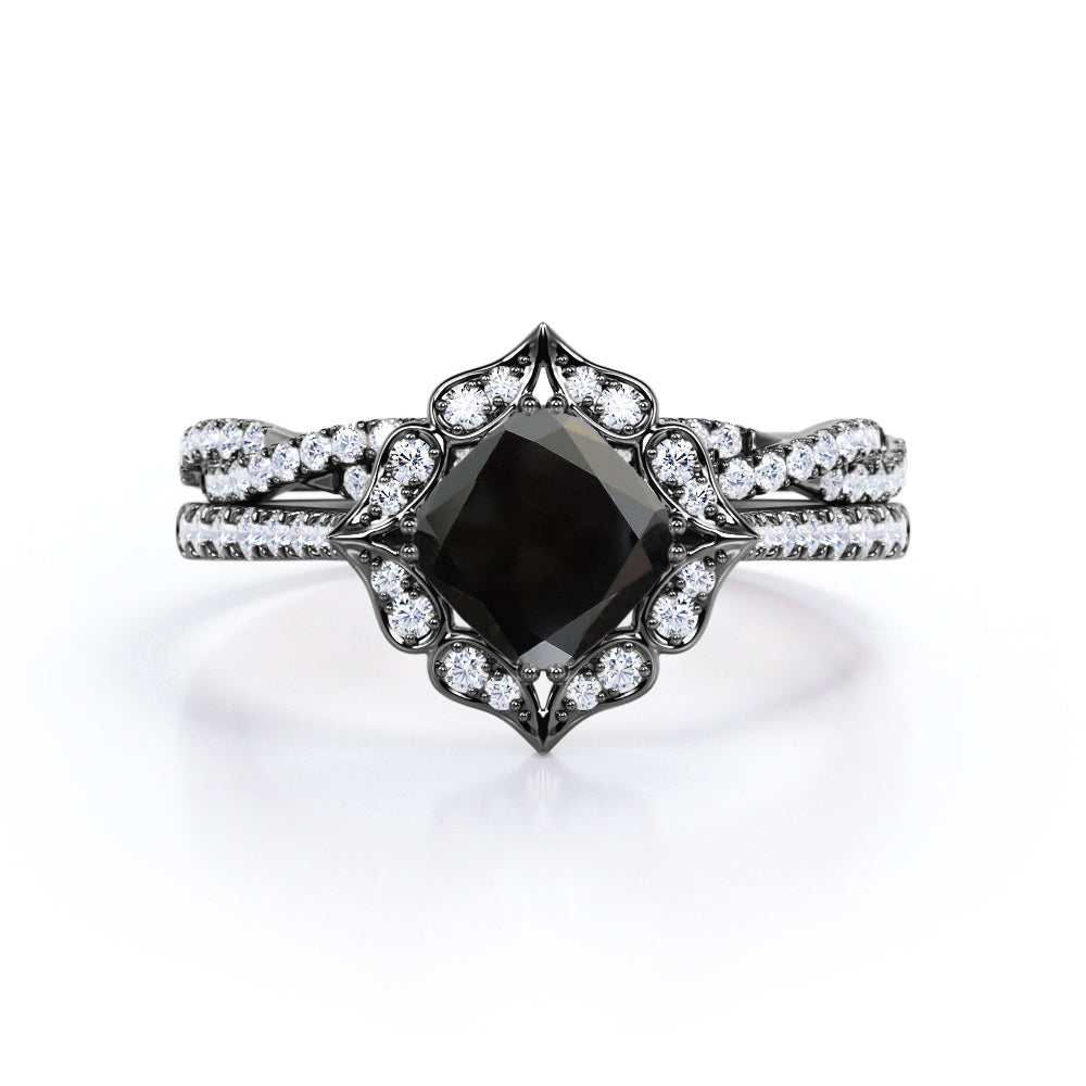 1.50 carat cushion cut Black Diamond infinity bridal set in white gold