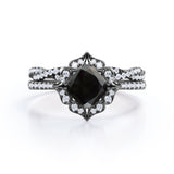 1.50 carat cushion cut Black Diamond infinity bridal set in white gold