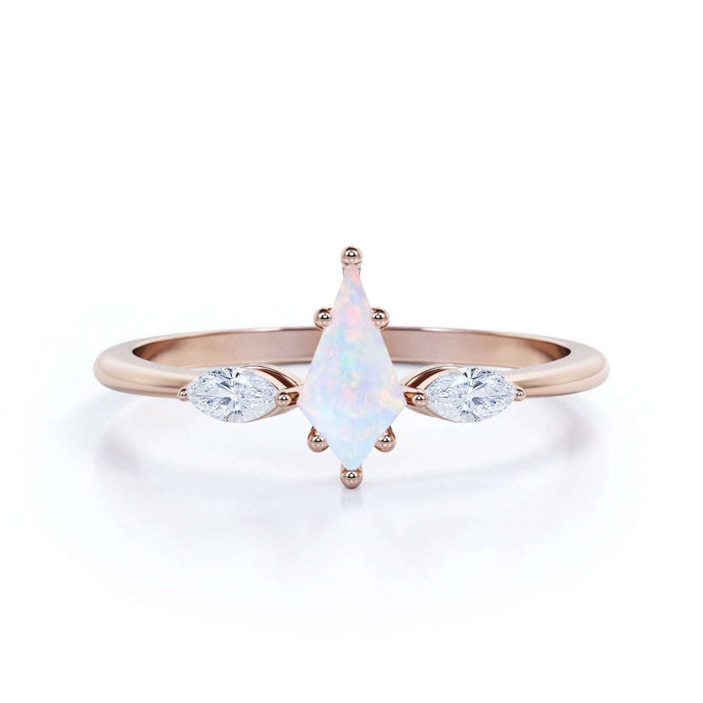 Trillion Six Prong 1.15 Carat Kite Shaped Natural Opal And Diamond Three Stone Basket Set Engagement Ring In Rose Gold