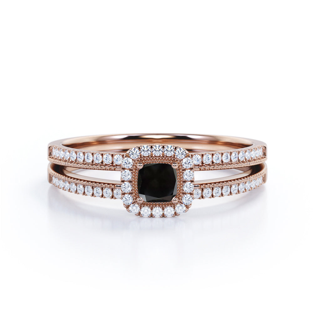 Vintage Style 1 Carat Cushion Cut Lab Black Diamond Solitaire Engagement Ring in White Gold