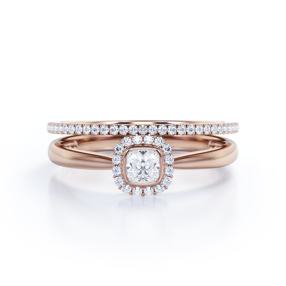 Bezel 1 carat Cushion Moissanite and Diamond Halo Wedding Ring For Her in White Gold
