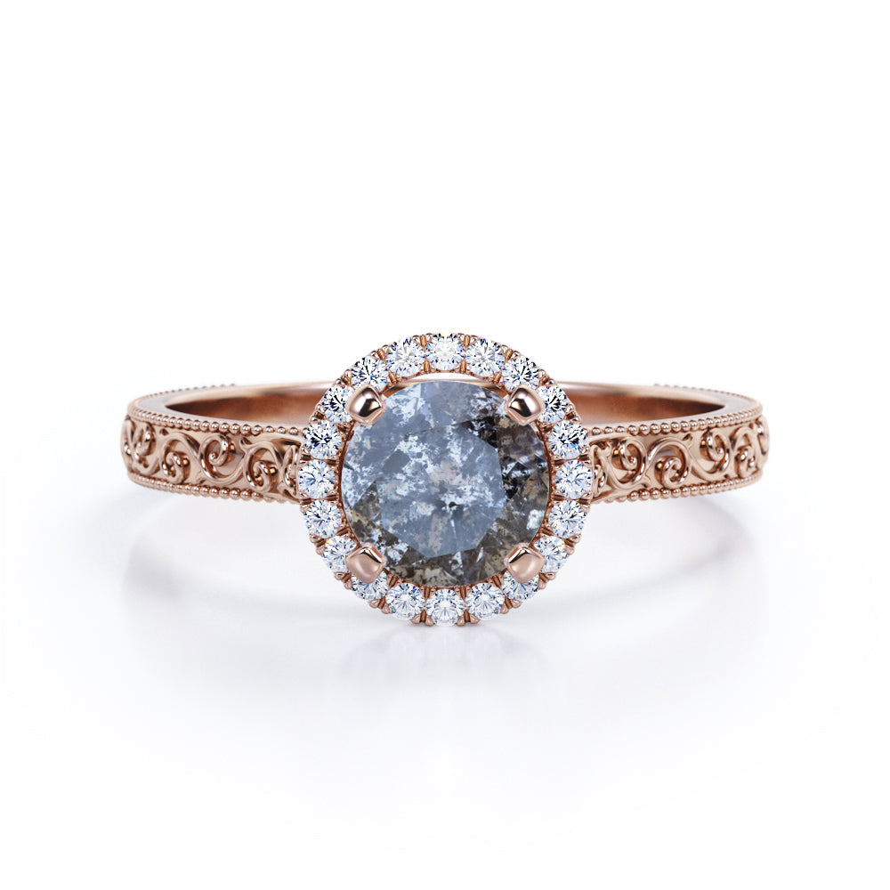 Halo 0.65 Ct Round Salt and Pepper Diamond Engagement Ring