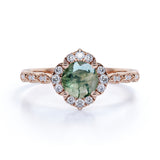 Vintage Floral 1.5 Ct Round Green Moss Agate Engagement Ring