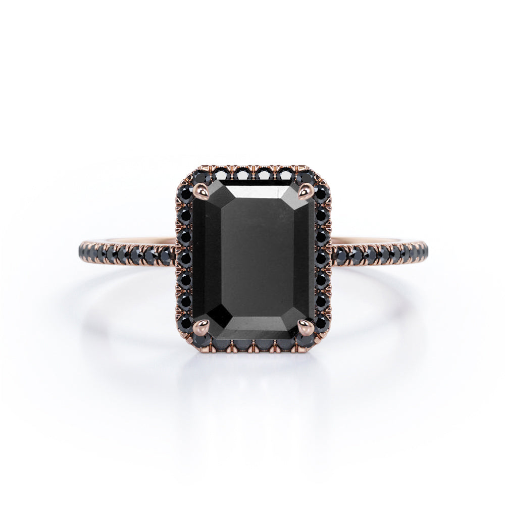 Halo-Style 1.5 TCW Emerald Cut Lab Created Black Diamond Engagement Ring with Pave Accents in White Gold