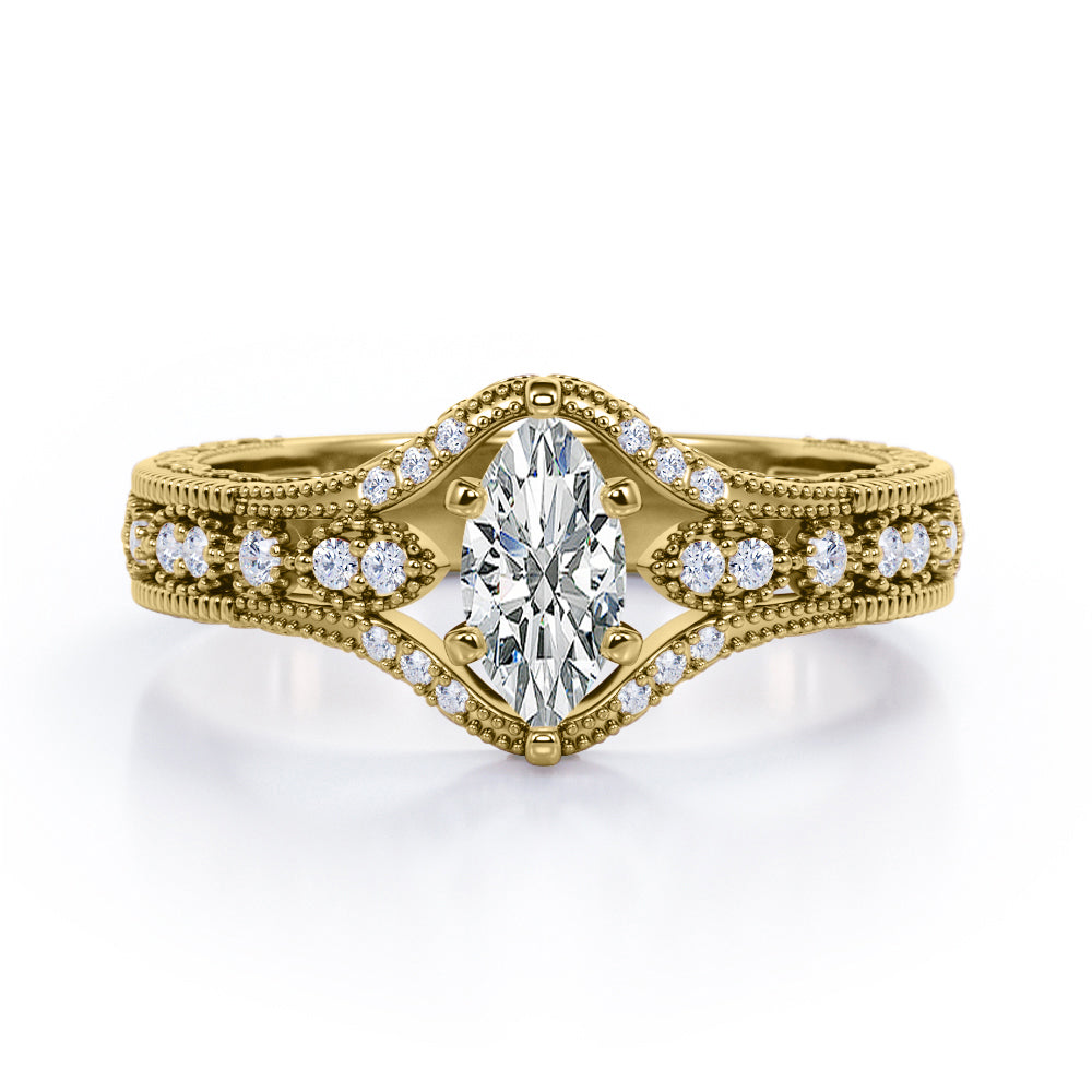 Beaded Framed 1.25 Carat Marquise Cut  Moissanite And Diamond Vintage Filigree Engagement Ring In Rose Gold