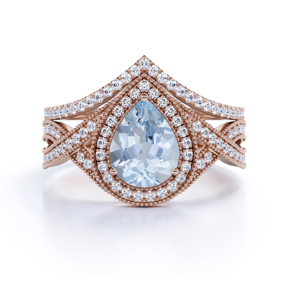 1.75 ct Pear Aquamarine Infinity Halo Wedding Ring Set