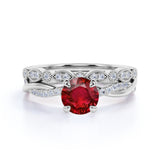 Infinity Twisted Band 1.50 Carat Round Cut Lab Ruby and Diamond Art Deco Wedding Ring Set in White Gold