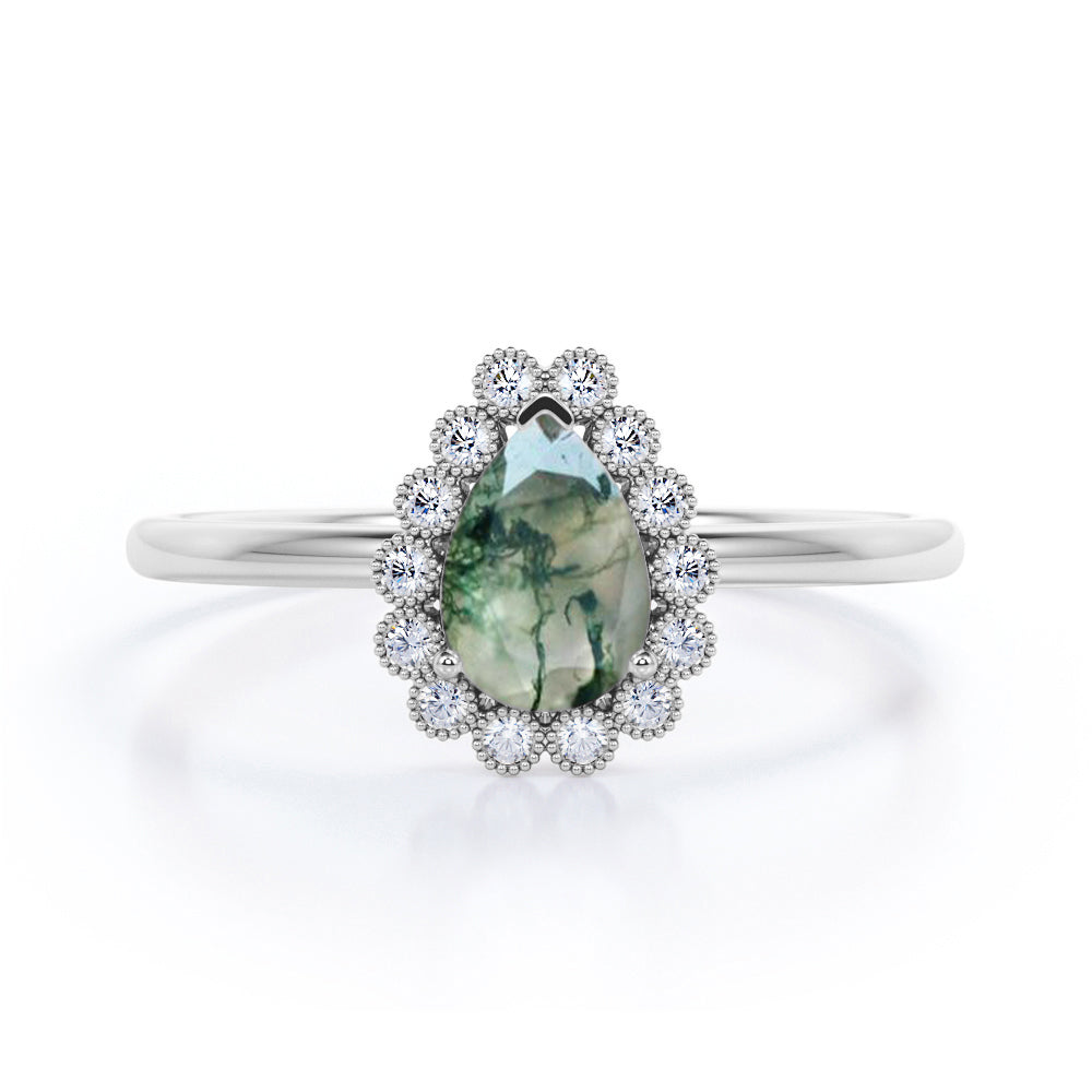 Delicate Minimalist 1.50 Carat Pear Shape Milky Dendritic Moss Green Agate and Diamond Floral Cluster Engagement Ring in Rose Gold