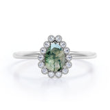 Delicate Minimalist 1.50 Carat Pear Shape Milky Dendritic Moss Green Agate and Diamond Floral Cluster Engagement Ring in Rose Gold