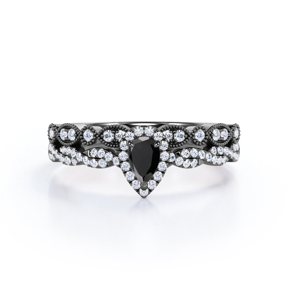 1.67 Carat Teardrop Lab Grown Black Diamond Infinity Engagement Ring With Wedding Band In White Gold