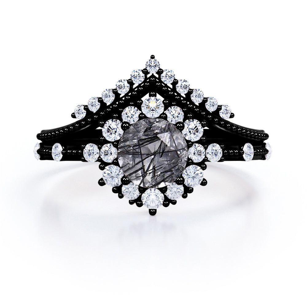 Beaded 1.40 ct Round Black Rutilated Quartz Tiara Halo Bridal Set