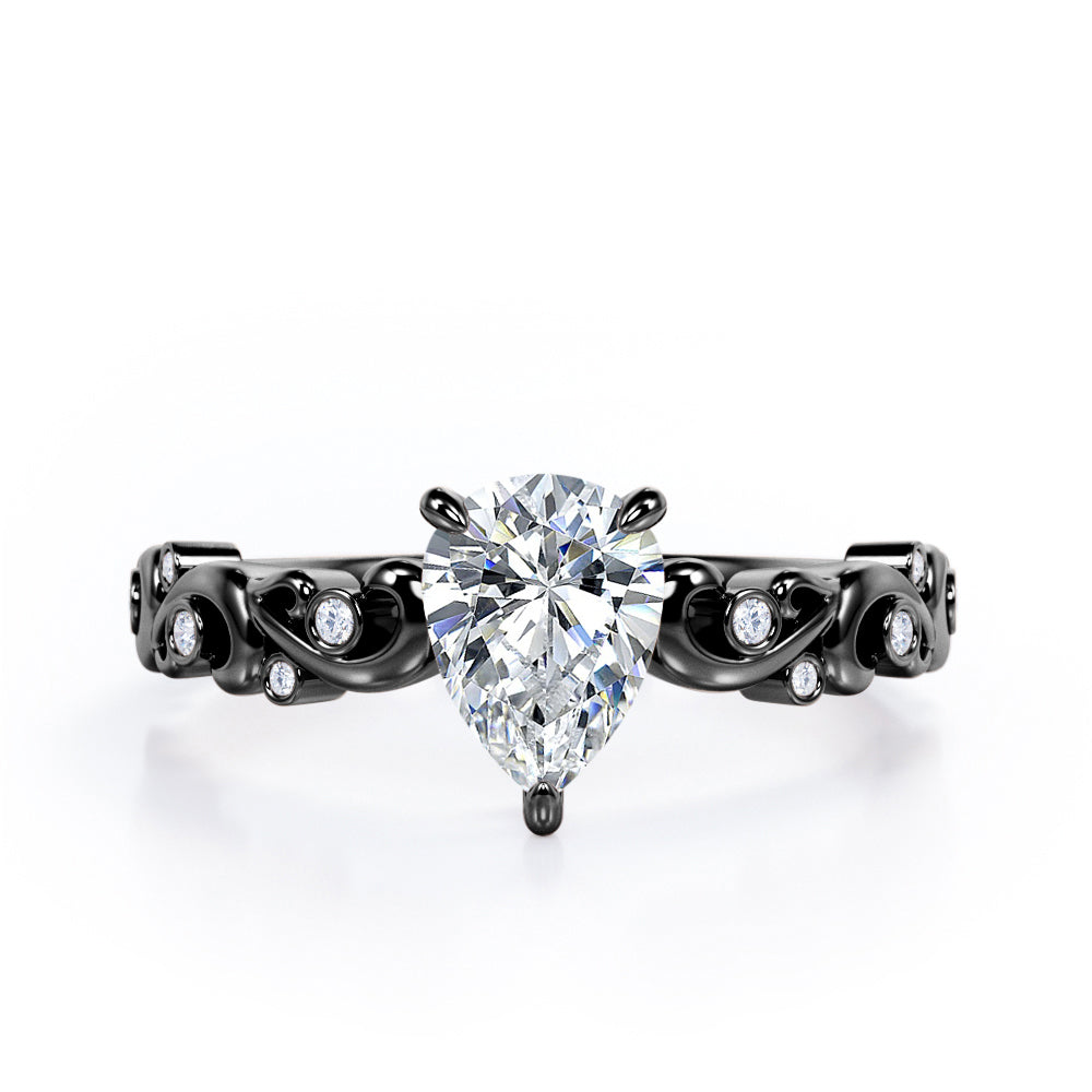 Vintage Style Scroll 0.5 carat Pear Moissanite and Diamond Engagement Ring in Rose Gold