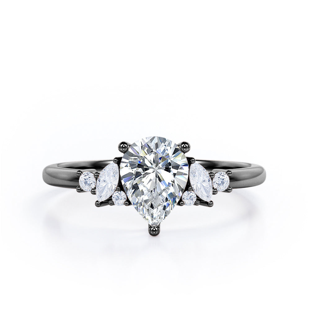 Fashionable 7 Stones 0.6 carat Pear Moissanite and Diamond Engagement Ring in Rose Gold