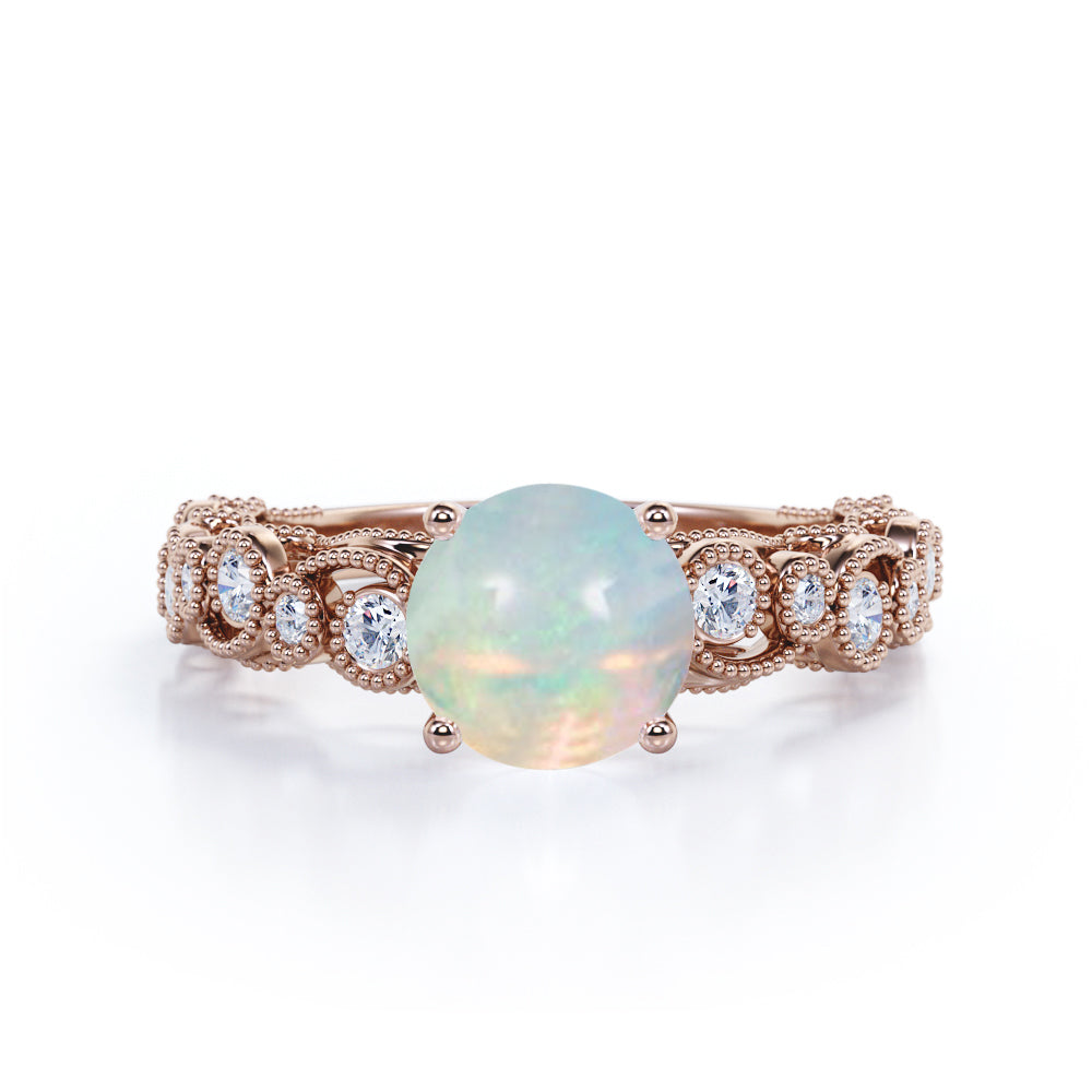 Huge Vintage 1.25 Carat Round Cut Ethiopian Welo Opal and Diamond Milgrain Art Deco Engagement Ring for Her