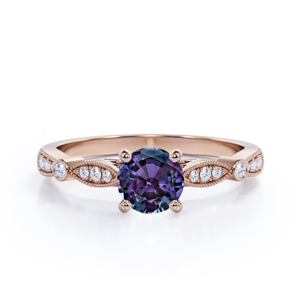 Vintage 1.25 Carat Round Cut Lab Created Alexandrite And Diamond Four Prong  Engagement Ring In White Gold