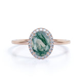 Modern Simple Solitaire 1.75 Carat Oval Cut Cloudy Milky White Moss Green Agate and Diamond Halo Engagement Ring in Rose Gold for Her