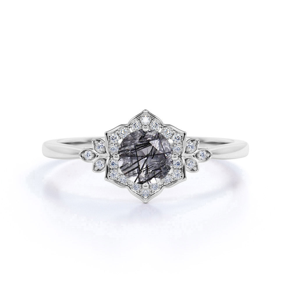 Floral 1.25 ct Round Black Rutilated Quartz Bezel Engagement Ring