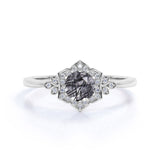 Floral 1.25 ct Round Black Rutilated Quartz Bezel Engagement Ring