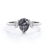1.10 ct Pear Black Rutilated Quartz Three Stone Engagement Ring